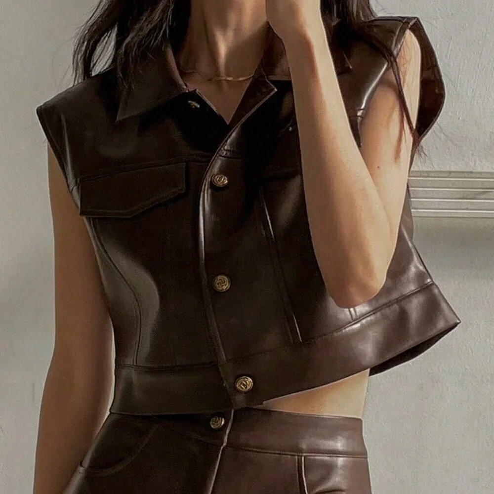 Brown Womens faux leather Sleeveless Jacket Vest & Split Hem Straigt skirt